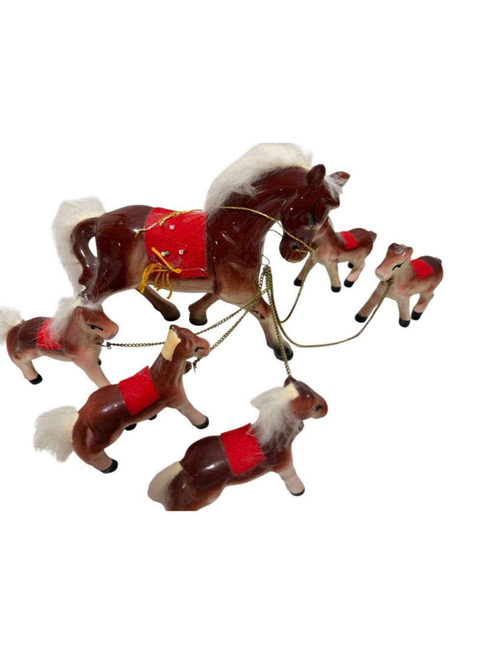 Vintage Ceramic Horse with 5 Ponies on Chain Figurine Red Saddle Japan Artmark - Picture 11 of 15
